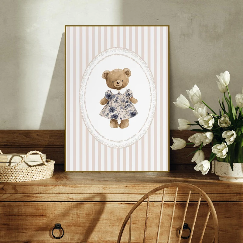 1PC frameless decorative art print,1pc frameless canvas painting Pink Bow Bunny Bear Duck Giraffe Plane Hot Air Balloon Poster C