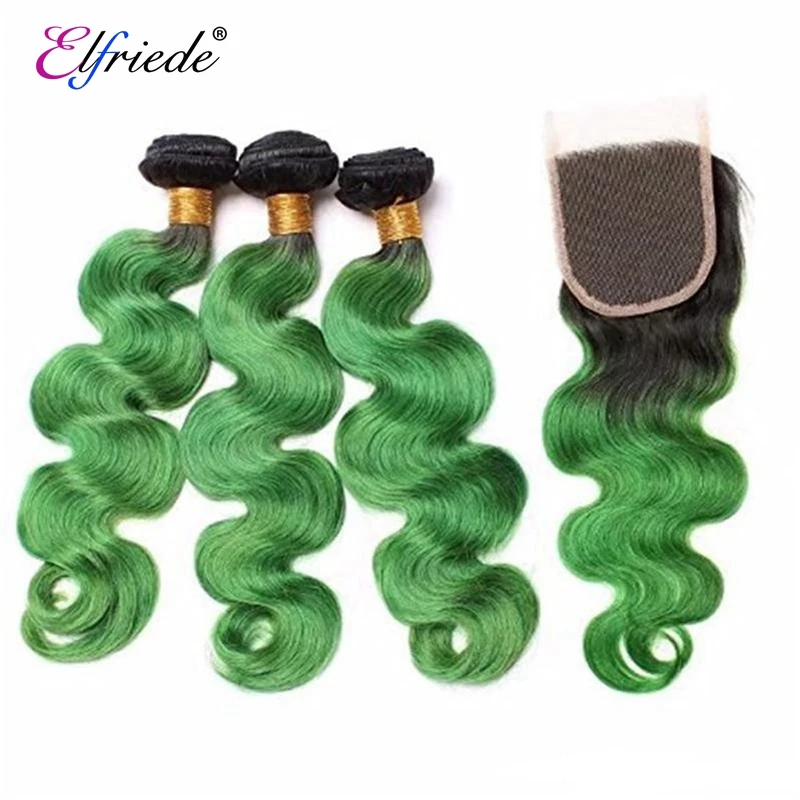 

Elfriede #1B/Green Body Wave Hair Bundles with 4X4 Lace Closure Brazilian 100% Remy Human Hair Extensions 3 Bundles with Closure