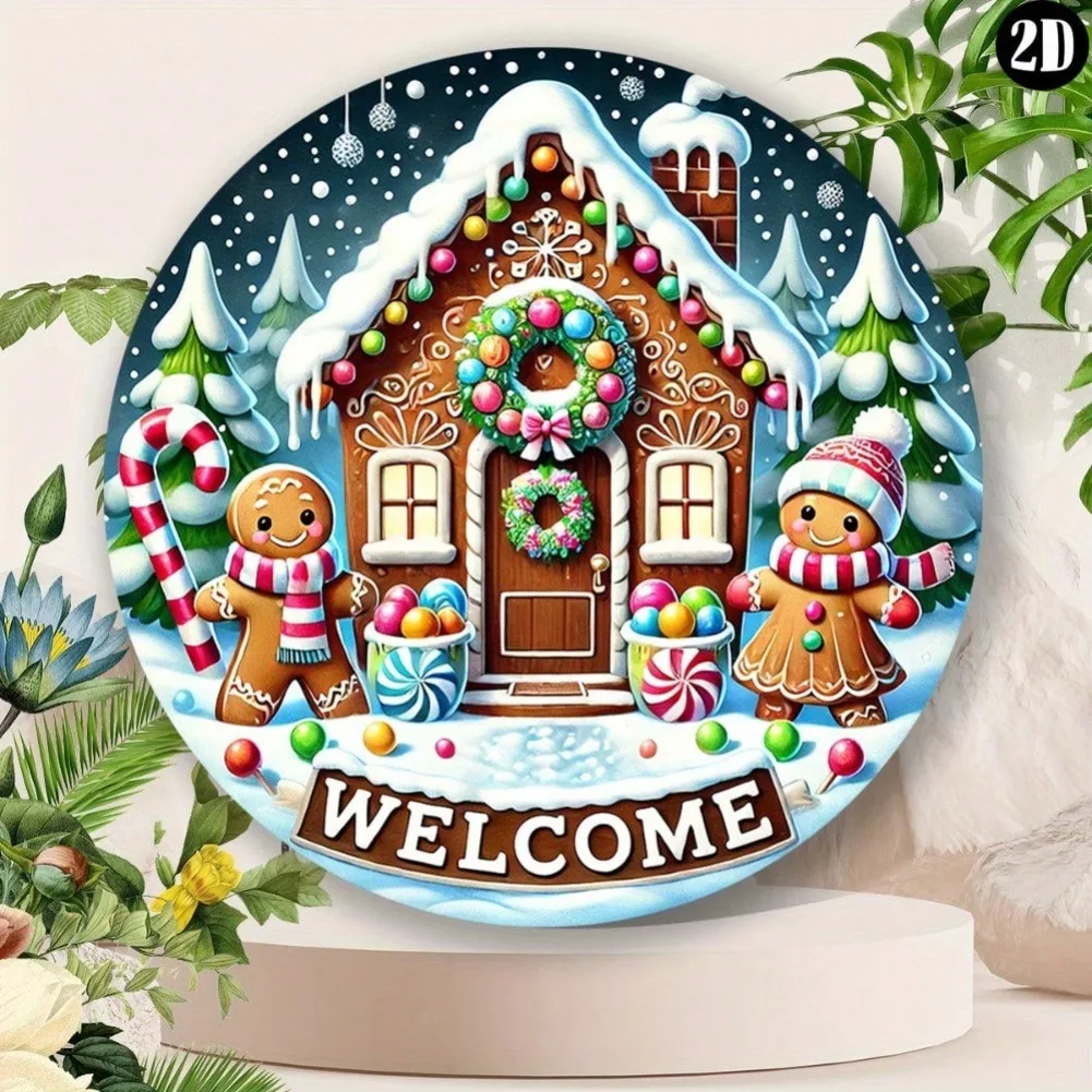 1 Stück 7,8" rundes Metallschild - festliches Lebkuchenhaus „Willkommen“ Kranzdekor, Innen-/Außen-Bauernhaus-Feiertags-Wandkunst für Zuhause