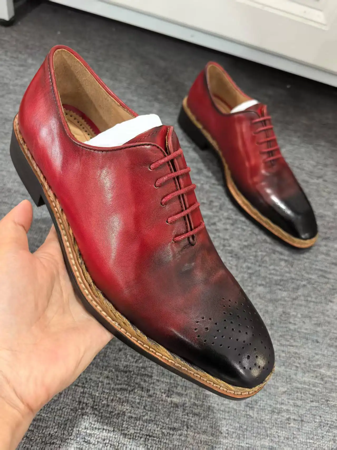 Black Patchwork Red Leather Single Shoes For Men Square Toe Lace-Up Zapatos Para Chunky Heel Gentleman Business Style Flats Shoe