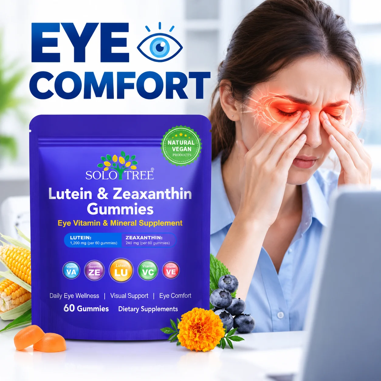 Lutein & Zeaxanthin Gummies Improve Visual Acuity Relieve Digital Eye Strain Gentle Chewable Gummies for Office Workers 60 Pcs