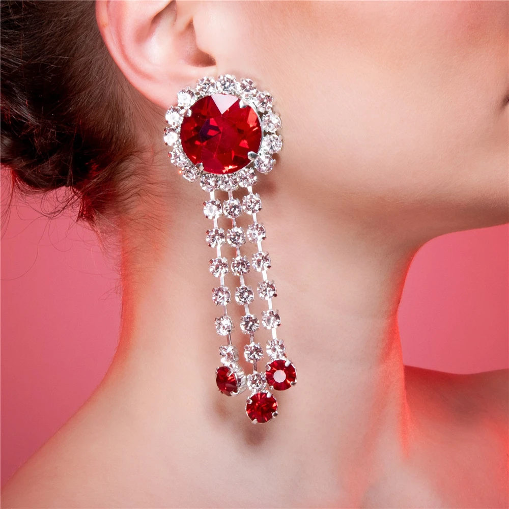 Fashion Long Tassel Red Crystal Drop Earrings for Women Bijoux Geometric Full Rhinestone Earrings Statement Jewelry Gifts