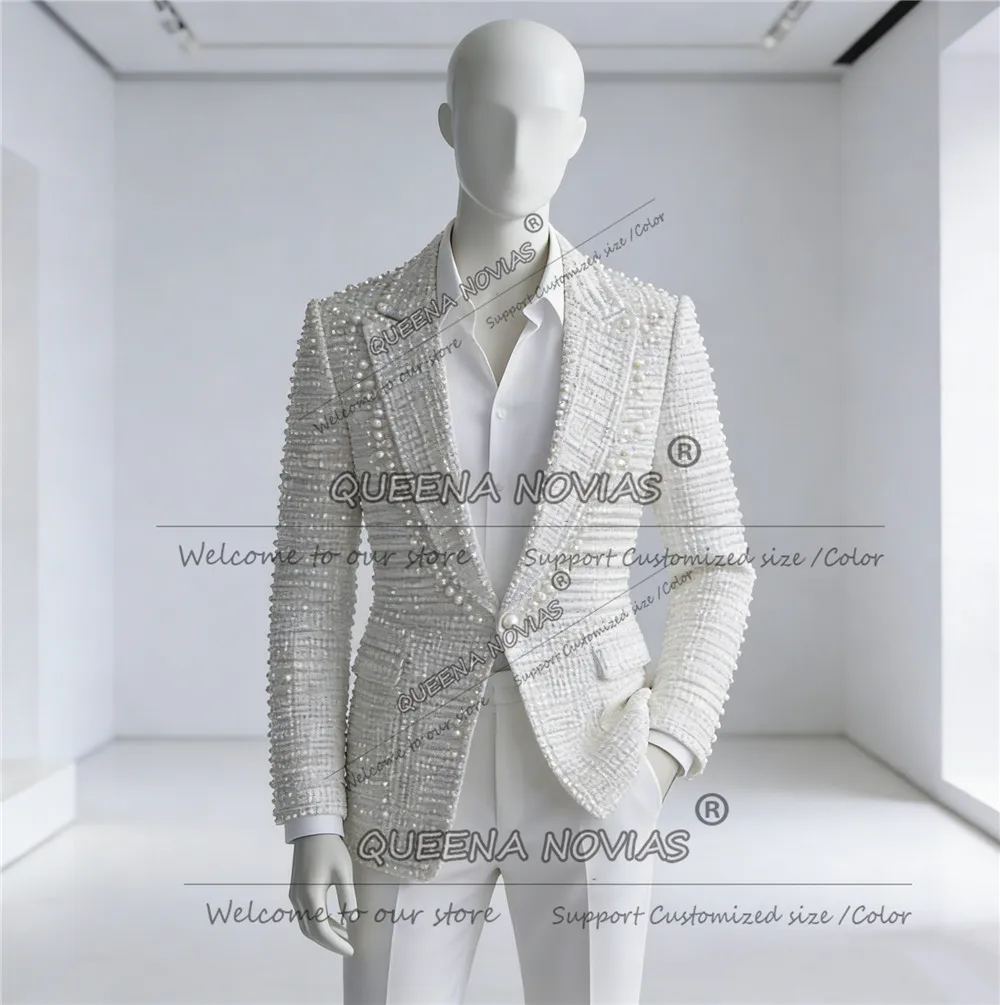Luxury Beaded Crystals Suits Men Unique Design Pearls Jacket Pants 2 Piece Customized Groom Wedding Tuxedos Trajes Para Hombre