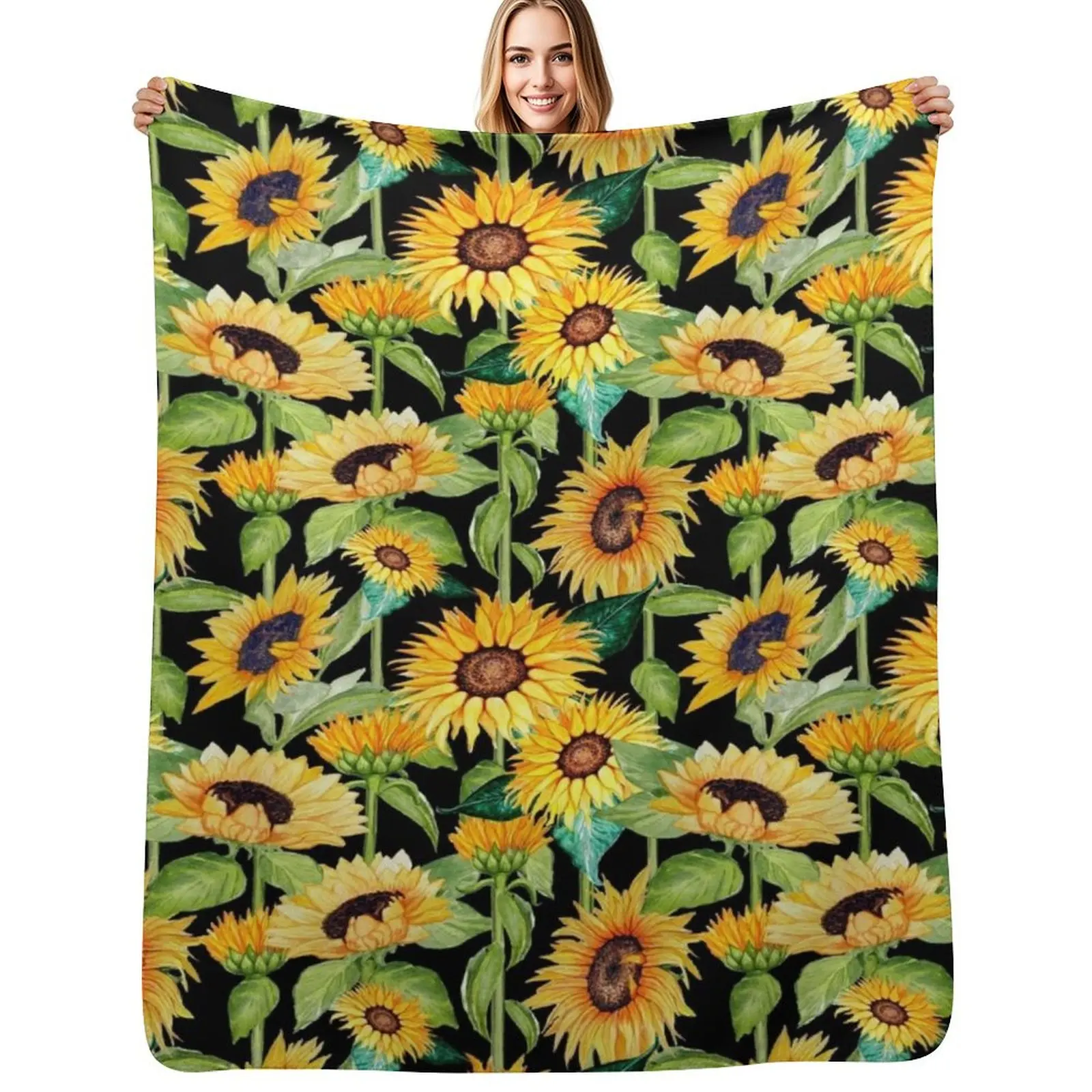 

Sunflower watercolor floral on black Throw Blanket blankets ands Soft Beds Summer Beddings Cute Blankets