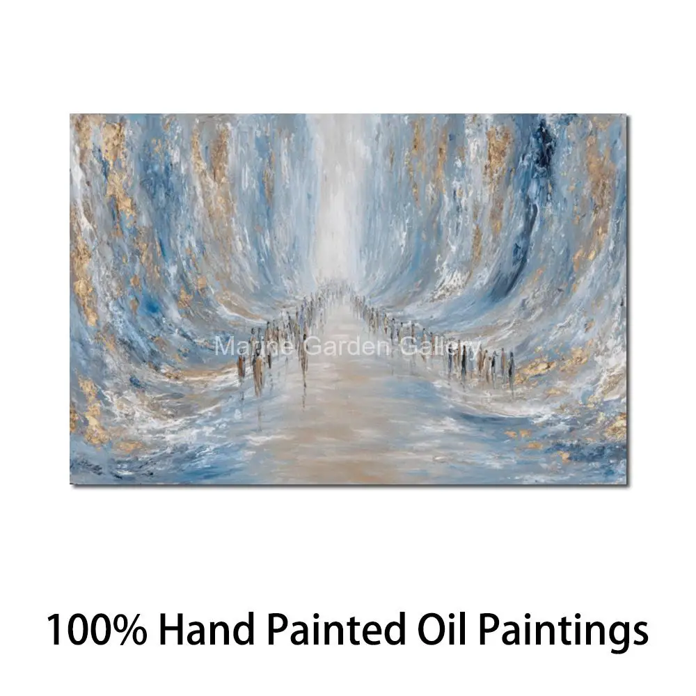 Large Judaica Oil Painting Parting the Red Sea Canvas Art Hand Painted Blue Gold Abstract Biblical Wall Decor for Jewish Home