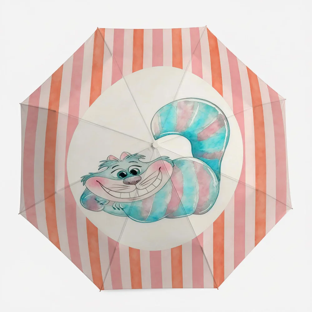 

Автоматический складной зонт Disney с принтом Чеширского кота из «Алисы в стране чудес», акварельный рисунок и розово-оранжевые полоски, ветрозащитный, водонепроницаемый.