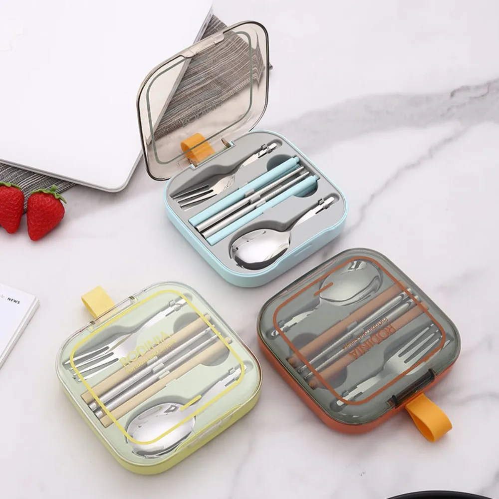

3pcs Foldable Stainless Steel Cutlery Set Space-saving Removable Flatware Set Reusable with Square Box Spoon Fork Chopstick