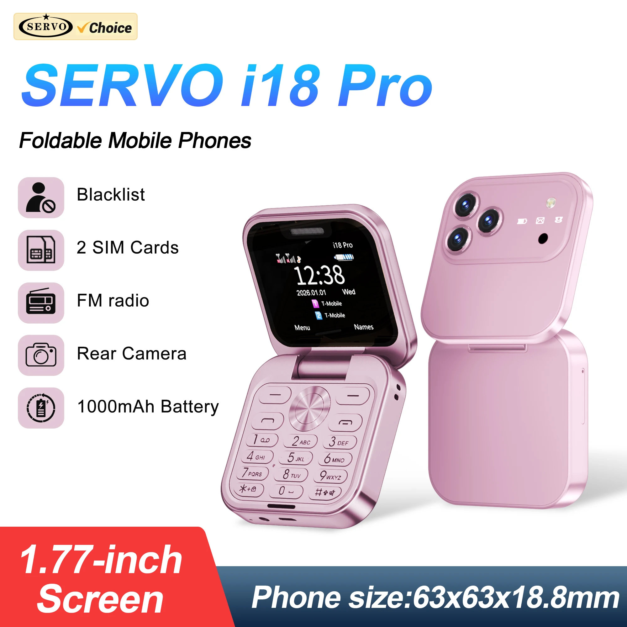 2026 NEW SERVO I18 Pro Flip Mobile Phone 2G GSM 1.77' Type-C Call Recording Magic Voice Blacklist Dual SIM Cute Fold Cellphone
