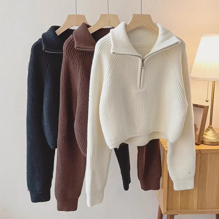 

Anti-Aging f-Zip Collared Long-Sve Women's Knitwear ort Sle Korean Design Commute Straight Tube Knitted Top