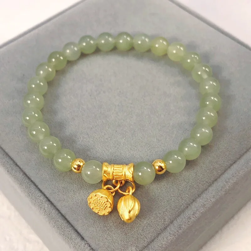 Hetian Jade Bracelet, 925 Silver Lotus Seedpod Charm, Transfer Bead Bracelet Gift for Girlfriend