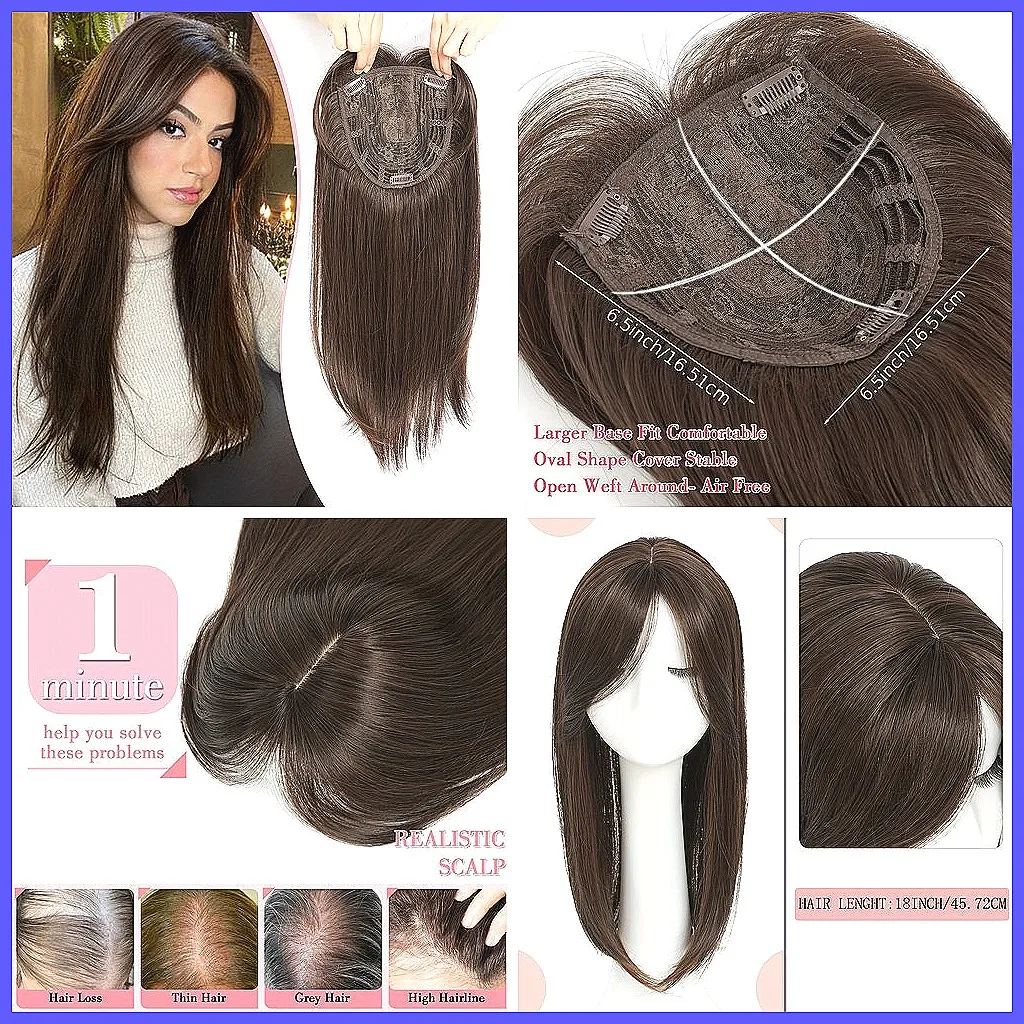 

Long Straight Synthetic Hair Topper with Middle Part - Cover Gray Hair, Clip-in Fiber Wig for Women