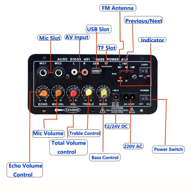 Papan Amplifier Bluetooth Digital 220V 12V, Subwoofer dua mikrofon Karaoke Amp Speaker Home Theater DIY versi dapat diisi ulang