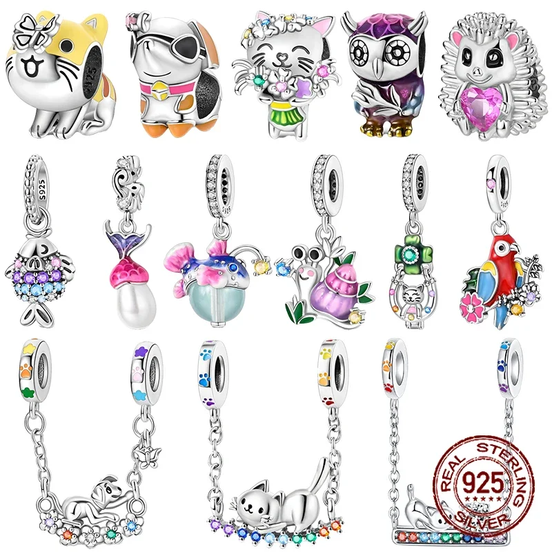 

925 Sterling Silver Lovely Animal Cat Dog Snail Hedgehog Parrot Owl Charms Beads Fit Pandora Original Bracelets Fine DIY Jewelry