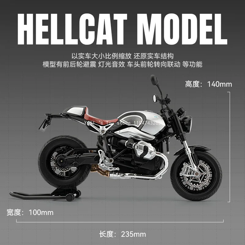 1:9 Schaal R Negen T Motorfiets Model Auto Speelgoed Legering Diecast Lichte Muziek Schokabsorptie Motor Miniatuur Modellen Ornament Gift 25