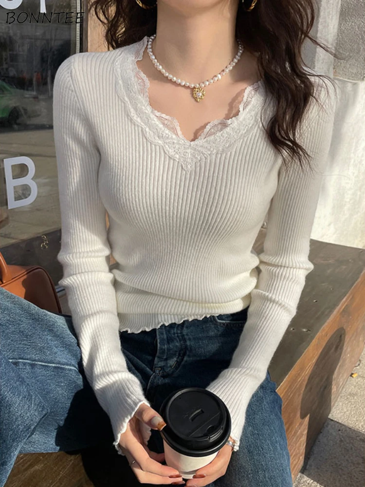 

Pullovers Women Inner Knitted V-neck Solid Lace Patchwork Korean Fashion Autumn Sweet Sexy Female Long Sleeve Classic Prevalent