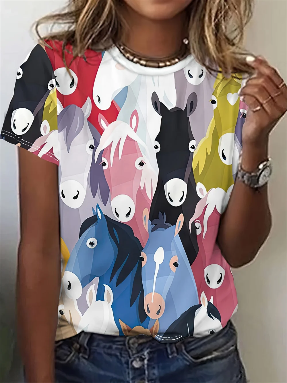 Funny Cartoon Horse Women's T-Shirts Cartoon Characters Cute Pattern 3d Print Tshirt Casual Short Sleeve O Neck Female Clothing