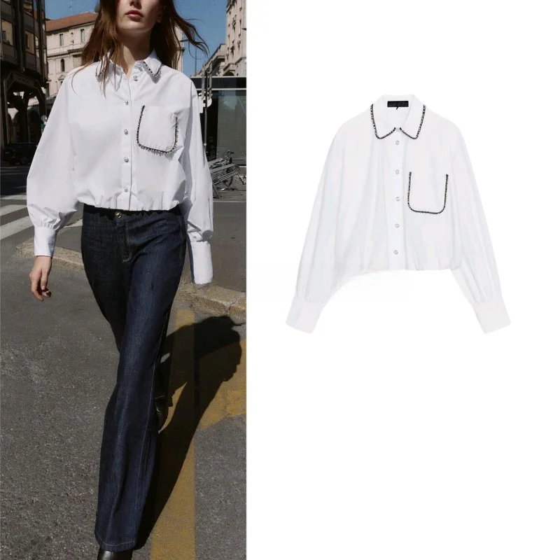 

Elastic Bubble Hem Long Sve Turn-down Collar Beaded Silk irt New Arrival Women's Faion Commute Sle Breathable Cotton...