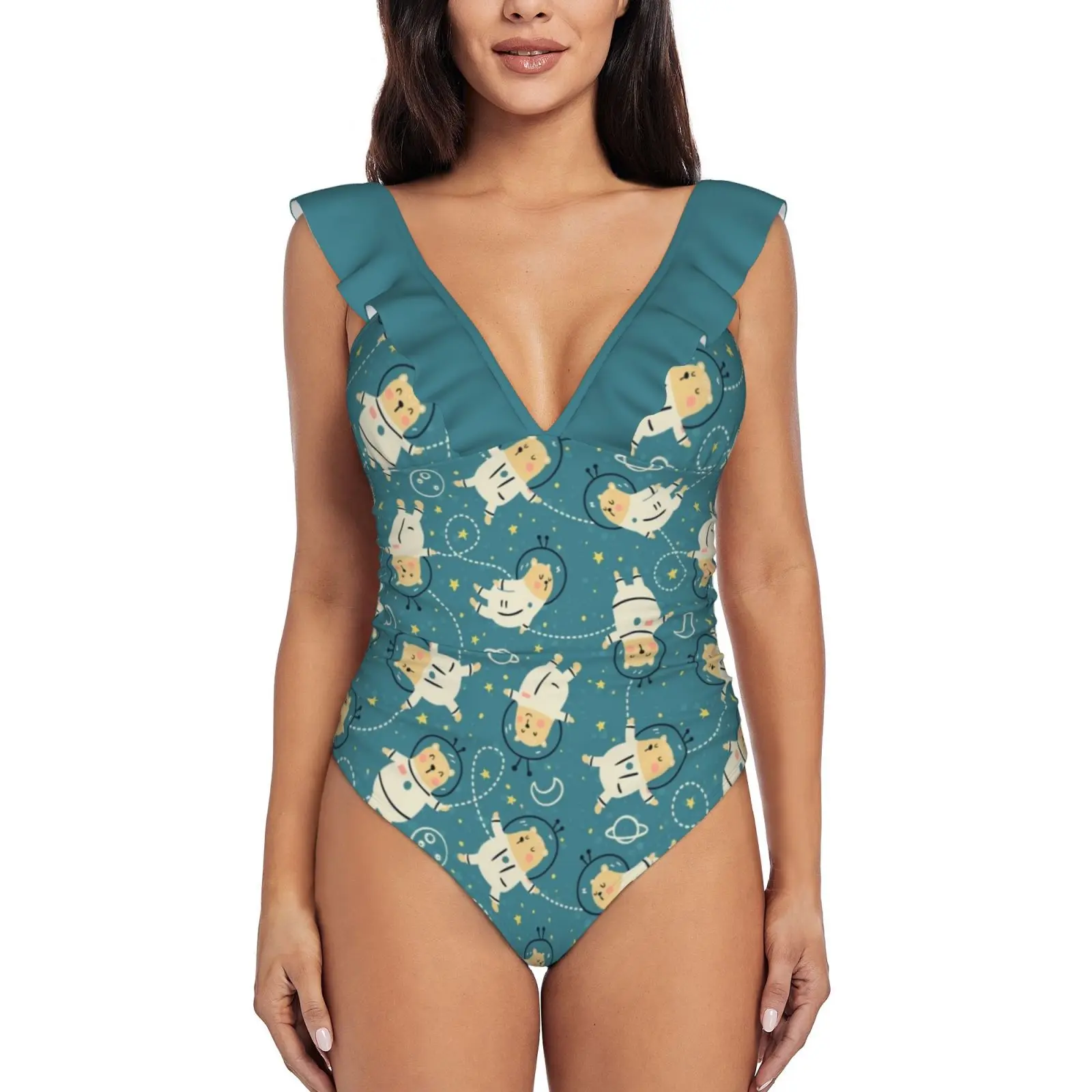 

Bearstronaut Ruffled One-Piece Swimsuit Women Sexy Monokini Swimwear New Beach Bathing Suits Bear Teddy Animal Space Cosmos