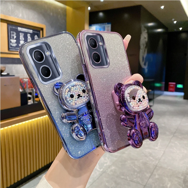 C 33 Glitter Bling Bear Silicone Phone Holder Case On For Oppo Realme C33 RealmeC33 Girl Woman Stand Back Cover