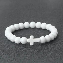 Elastic Bracelets 17/19/21cm Beaded Bangles Prayer Cross Natural Stone Bright White For Women Men Fashion Jewelry Gift Wholesale