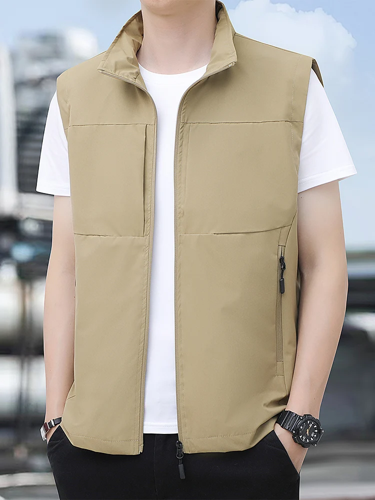 

Мужской осенний рабочий жилет для активного отдыха, повседневный, свободного кроя, с воротником-стойкой, с наплечными подушками, на молнии, для молодежи