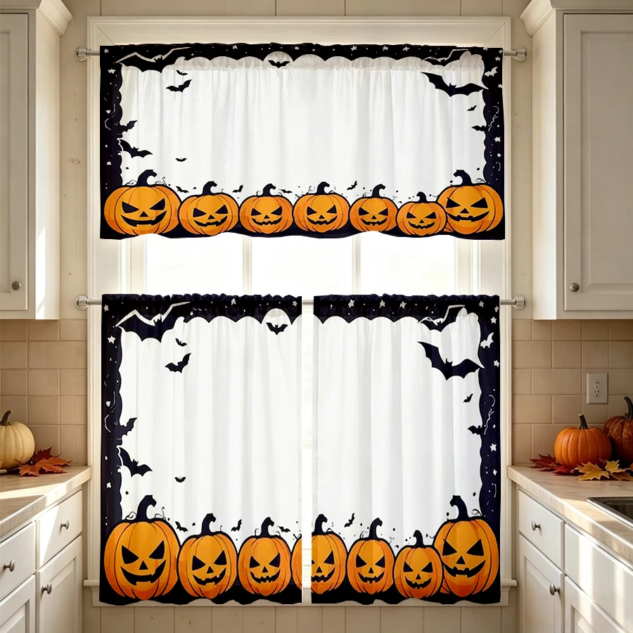 Halloween Fall Kitchen Curtains, Pumpkin Bat Border, Digital Print, Kitchen Dining Room, Rod Pocket Polyester, Home Decor