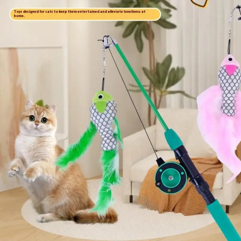 1Set Telescopic Cat Toy Fish Type Telescopic Feathers Funny Cat Stick Toys Pet Toy For Kitten Rods Simulation Fishing Rod