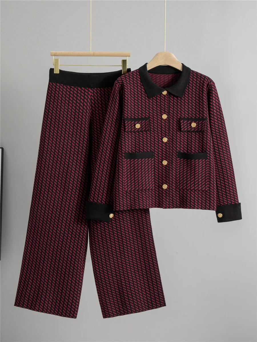 الكورية تصميم محبوك 2 قطعة مجموعات أنيقة بولو الرقبة تريكو سترة سترة القمم Conjuntos عالية الخصر بنطال ذو قصة أرجل واسعة الزي