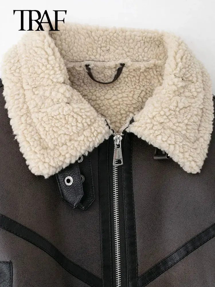 TRAF Winter Women Fashion With Belt Suede Lamb Leather Jacket Coats Faux Shearling Sheepskin Leather Outerwear Chic Tops