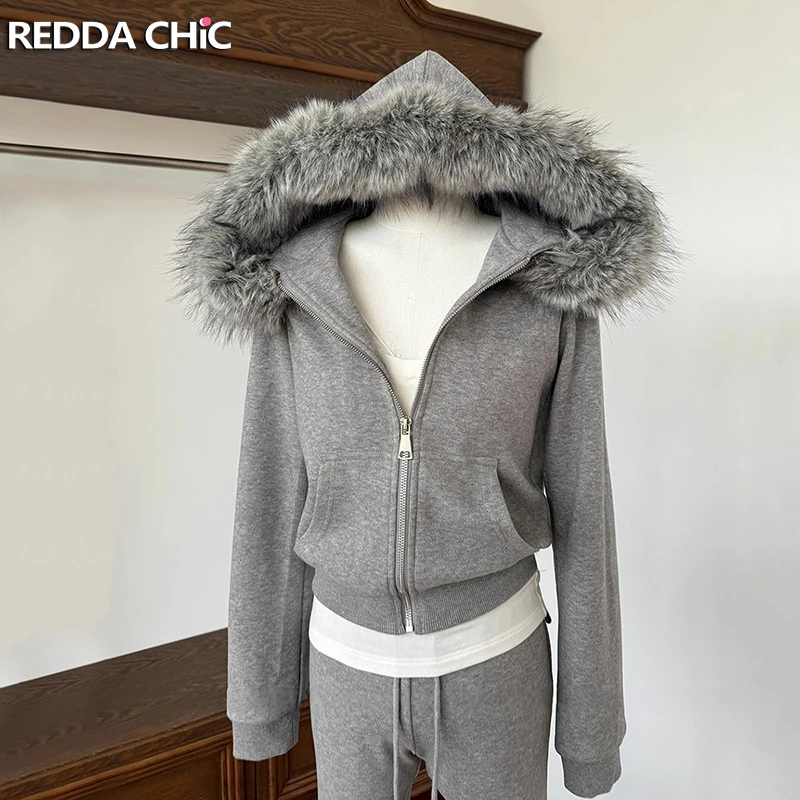 سترة نسائية بغطاء للرأس بسحاب من REDDACHiC مع غطاء محرك السيارة وجيوب من الفرو الصناعي وأكمام طويلة سترة قصيرة ضيقة ملابس رياضية كورية للخريف