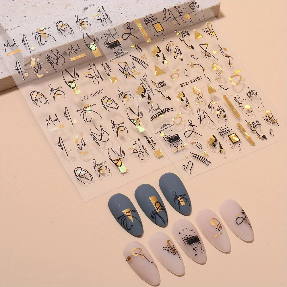 1PC adesivi geometria astratta per unghie laser 3D foglie nere dorate linea cuore cursori adesivi decorazione decalcomania olografica