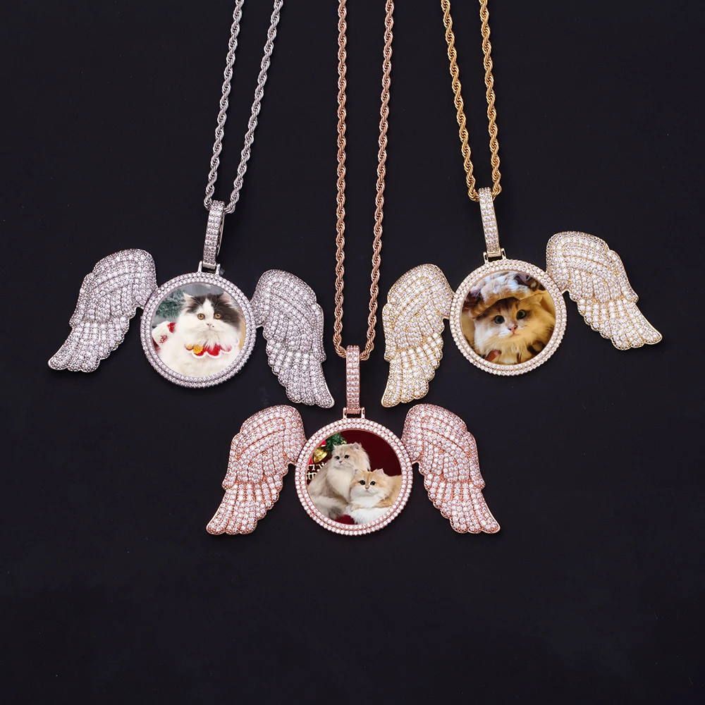 

Hip Hop Memory Custom Photo Pendant Necklaces Iced Out Large Angle Wings Circle Bling Cubic Zircon Picture Frame Pendant Jewelry