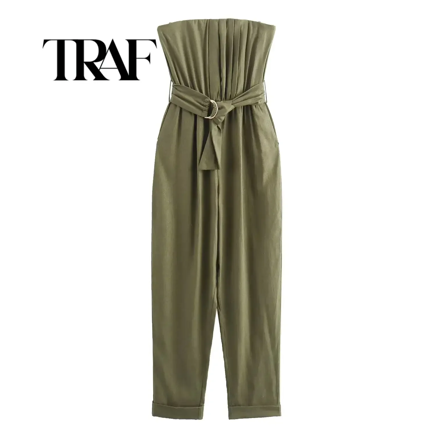 

TRAF Women Fashion With Belt ArmyGreen Side Zipper Backless Jumpsuits Vintage Strapless Slash Neck Female Chic Lady Rompers