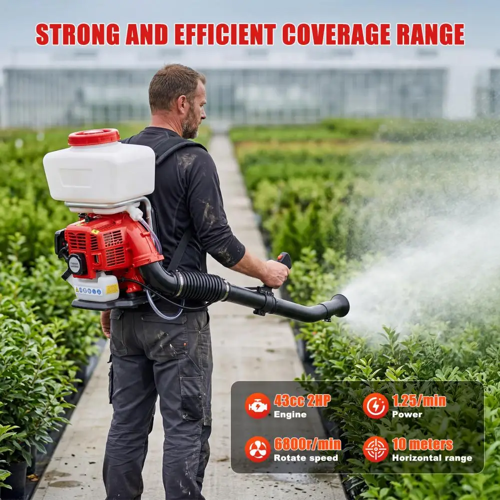 Backpack Gas Sprayer Duster 43cc Engine Two Stroke High Output Mist Blower Long Throw Nozzle Orchard Farm Mosquito Control