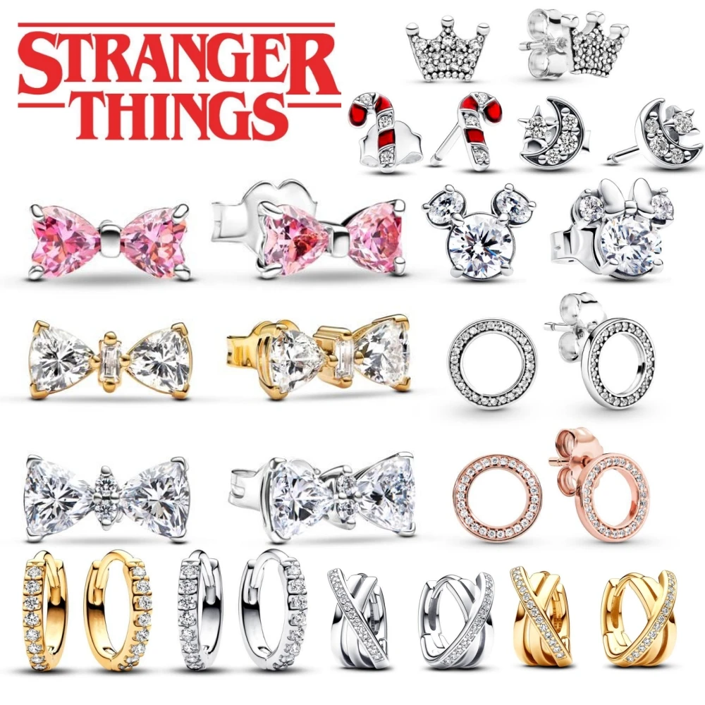 Disney New Fashion Sparkling Pink Bow Stud Earrings Charm Women Hot Sale Earrings Simple Jewelry Gift Fit Pandora Earrings