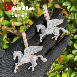 Bubble Letter Iced Out Wing Horse Necklace for Men Prong Setting Real Copper Pendant Hip Hop Jewelry