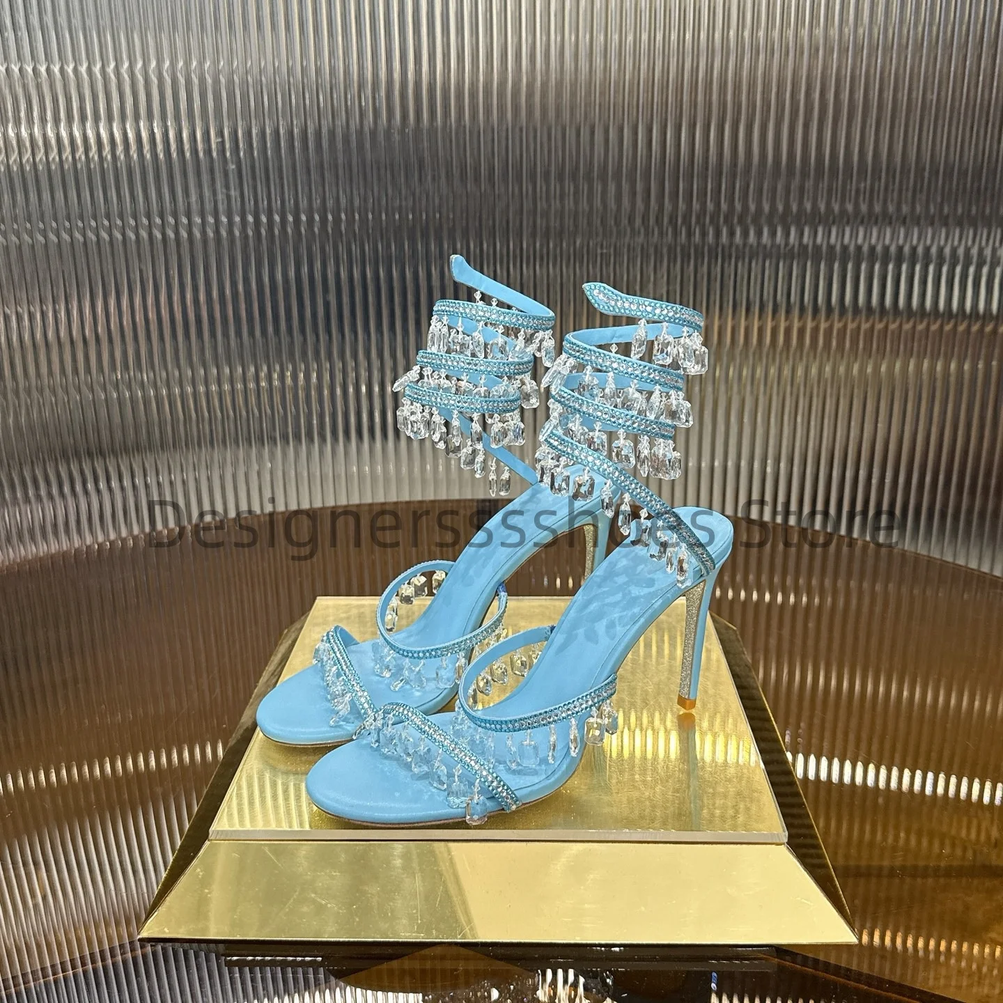 Crystal Drop Snake Ankle Strap Thin High Heel Sandals Pearly Sheepskin Lining Silver Leather Outsole