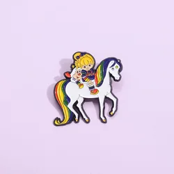 Sweet series enamel pin A brooch of a cute little girl riding a rainbow white horse Hat Lapel Accessories Metal Badge Wholesale