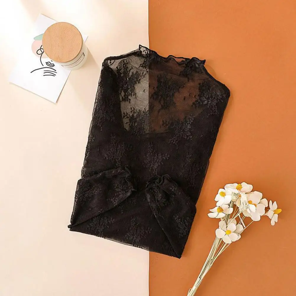

Lace Mesh Blouse Women’s Sheer Lace Mesh Top Transparent Hollow Base Layer Blouse Half High Collar Long Sleeve for Wear