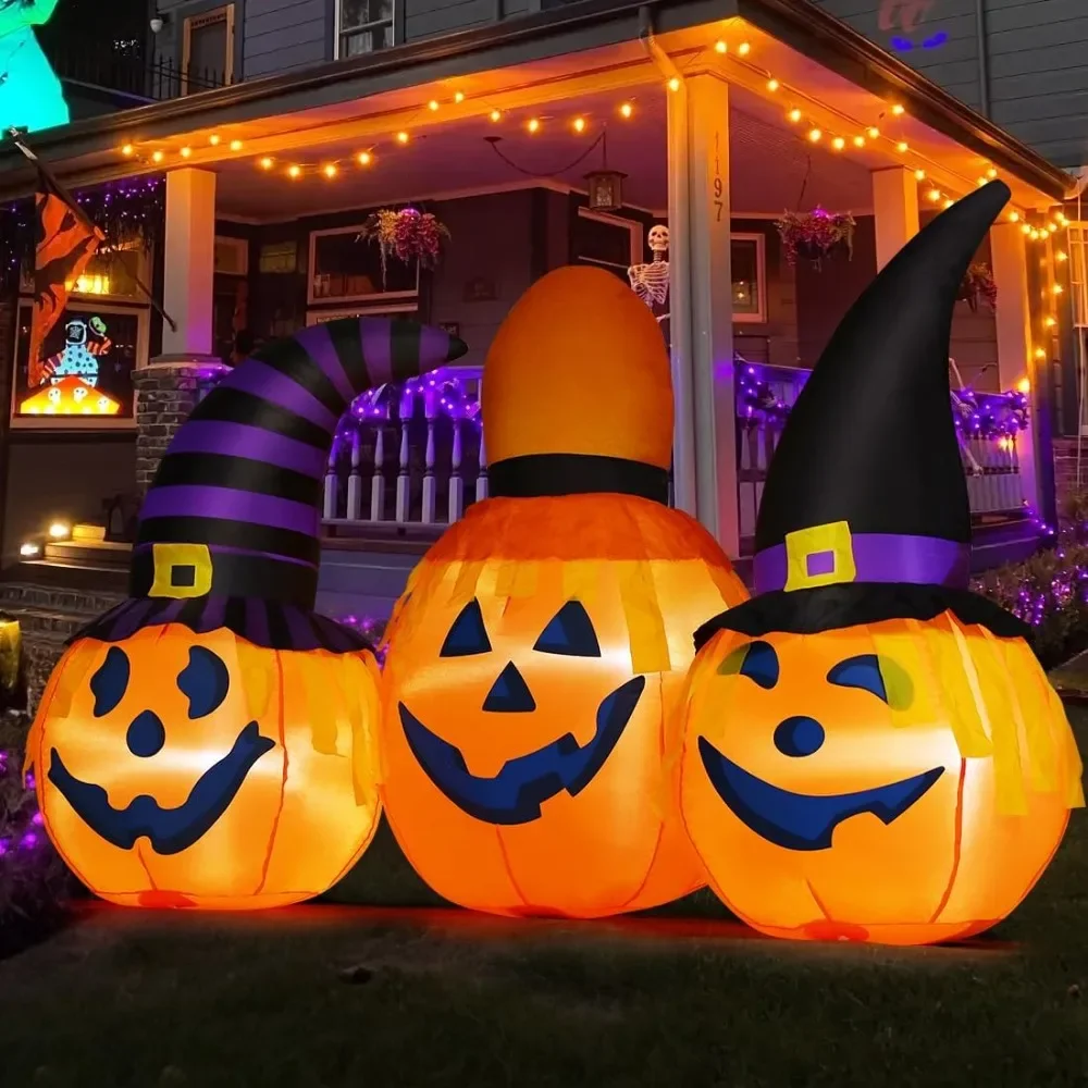 6.5 FT Halloween Inflatables Outdoor Pumpkin Combo with Wizard hat Blow Up Yard Decoration with LED Lights Built-in for Holiday