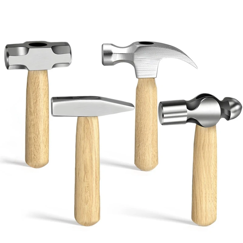 4Pcs Small Hammer Set, Forged· And Polished Steel Head, Short Wood Handle, 10Oz Claw Hammer, 11Oz Ball Peen Hammer