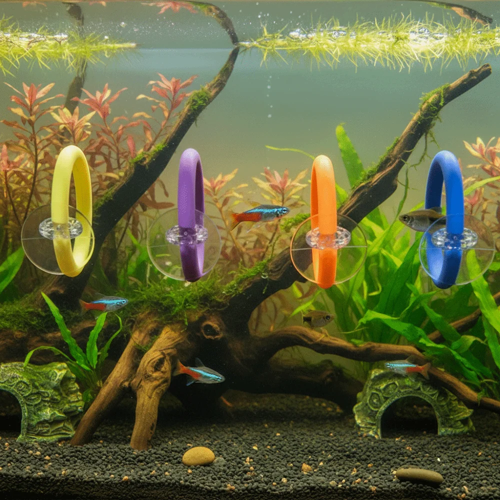 

4PCS/SET Suction Cup Fish Training Ring Colorful Fish Tail Toy Betta Training Circle Waterproof Fish Interactive Toy