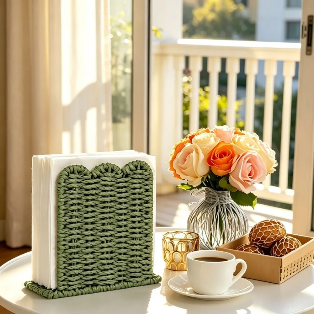 Paper Rope Napkin Holder Handwoven with Scalloped Trim Natural Farmhouse Aesthetic for Dining Table Organization 2pc