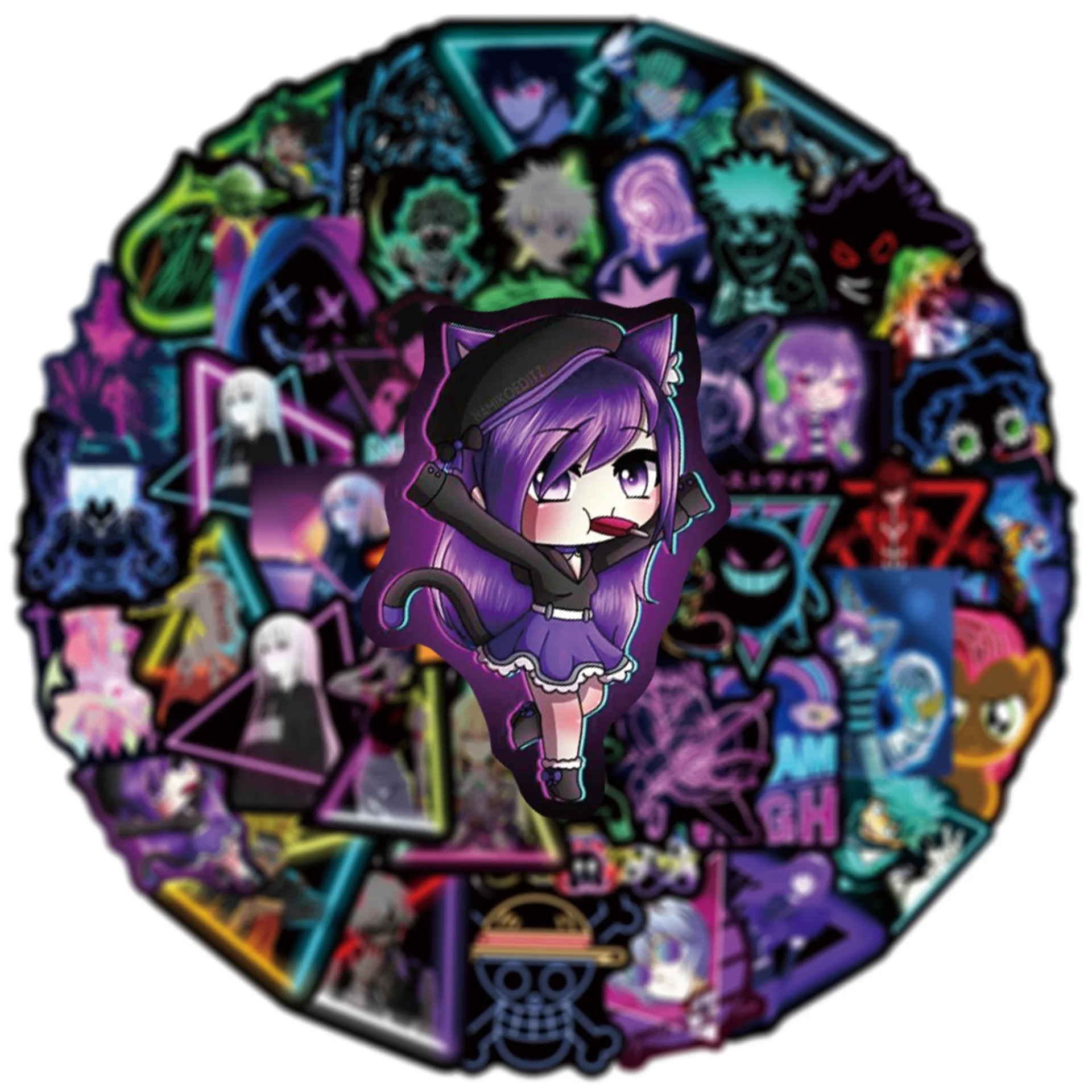 50 Stuks Neon Licht Anime Stickers Mix Cartoon Diy Stickers Scrapbooking Telefoon Bagage Skateboard Decoratieve Waterdichte Stickers