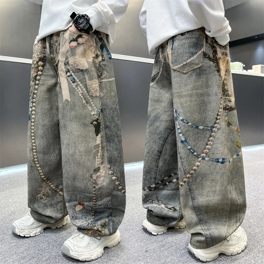 

2026 New Luxury Printed Distressed Jeans For Kids Boys Stylish Hip Hop Design Denim Pants Children Street Trend Jeans Trousers
