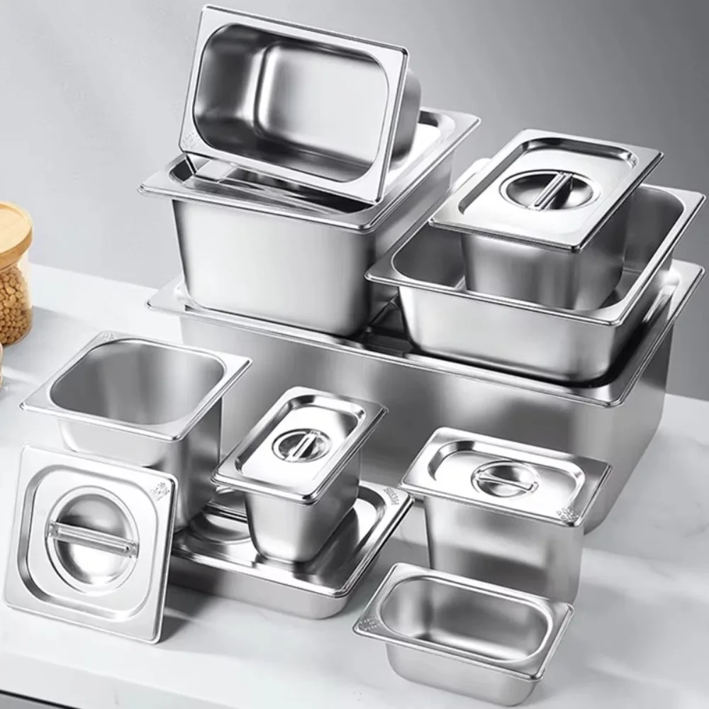 304 Stainless Steel 1/9 1/6 1/4 1/3 1/2 Food Pan Thickened Easy To Clean GN Pan with Lid Rectangular Tray Basin Chafing Buffet