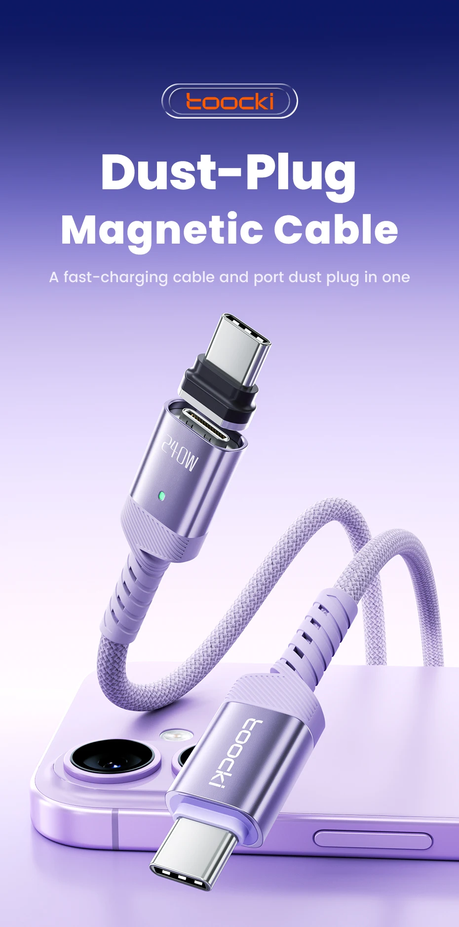 Toocki 240W USB-C Magnetisches Ladekabel PD Schnellladung Typ-C zu Typ-C Kabel für iPhone 17 MacBook Huawei Samsung S26 S25 – Detail 1