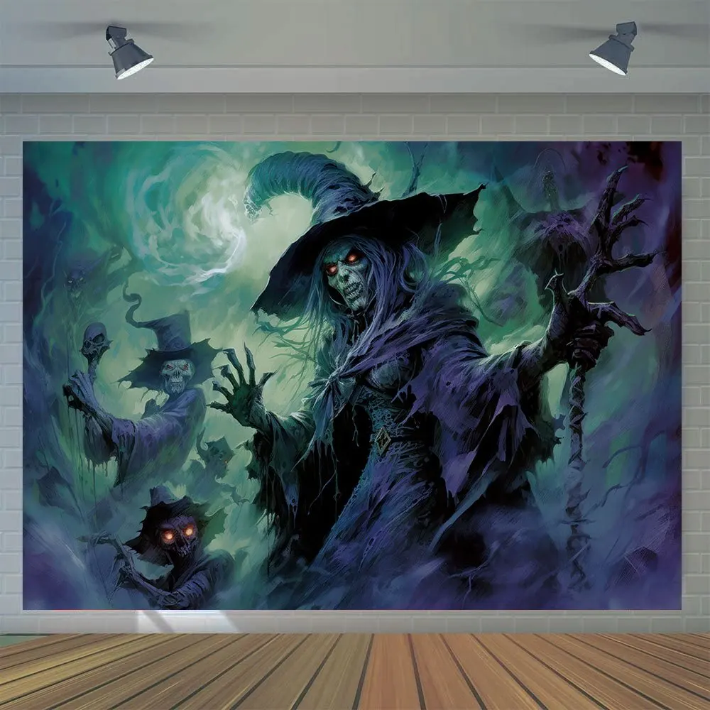 Halloween photography background, skeleton witch horror background, ghostly interior decoration banner