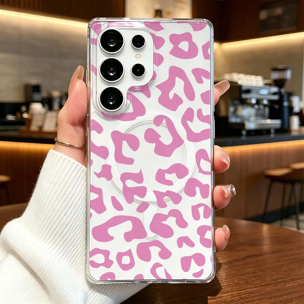 Pink Leopard Pattern Phone Case For Samsung Galaxy S26 S25 S24 S23 S22 Ultra FE Plus A56 Transparent Magnetic Cover