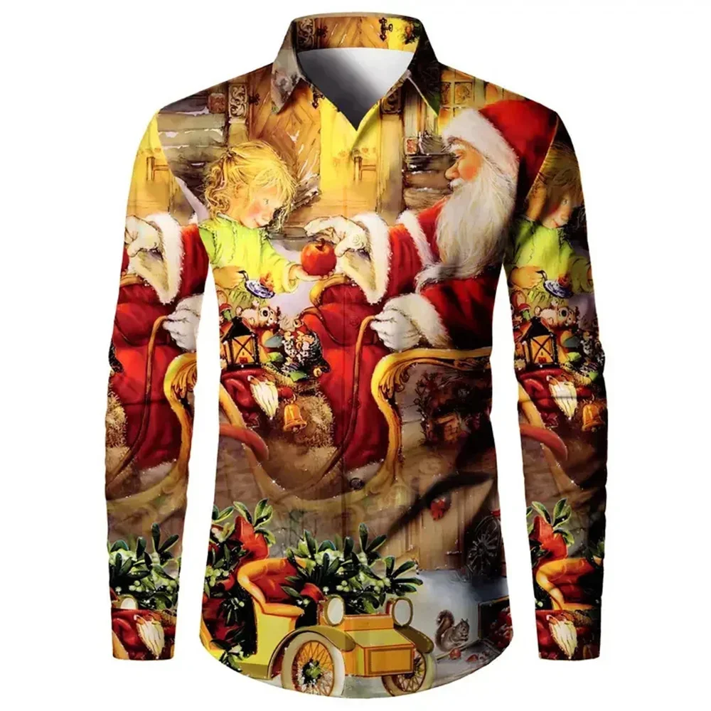 

2024 Men's Christmas Party Shirt Christmas Print Pattern Comfortable Soft Fabric Cardigan Button Men's Casual Top